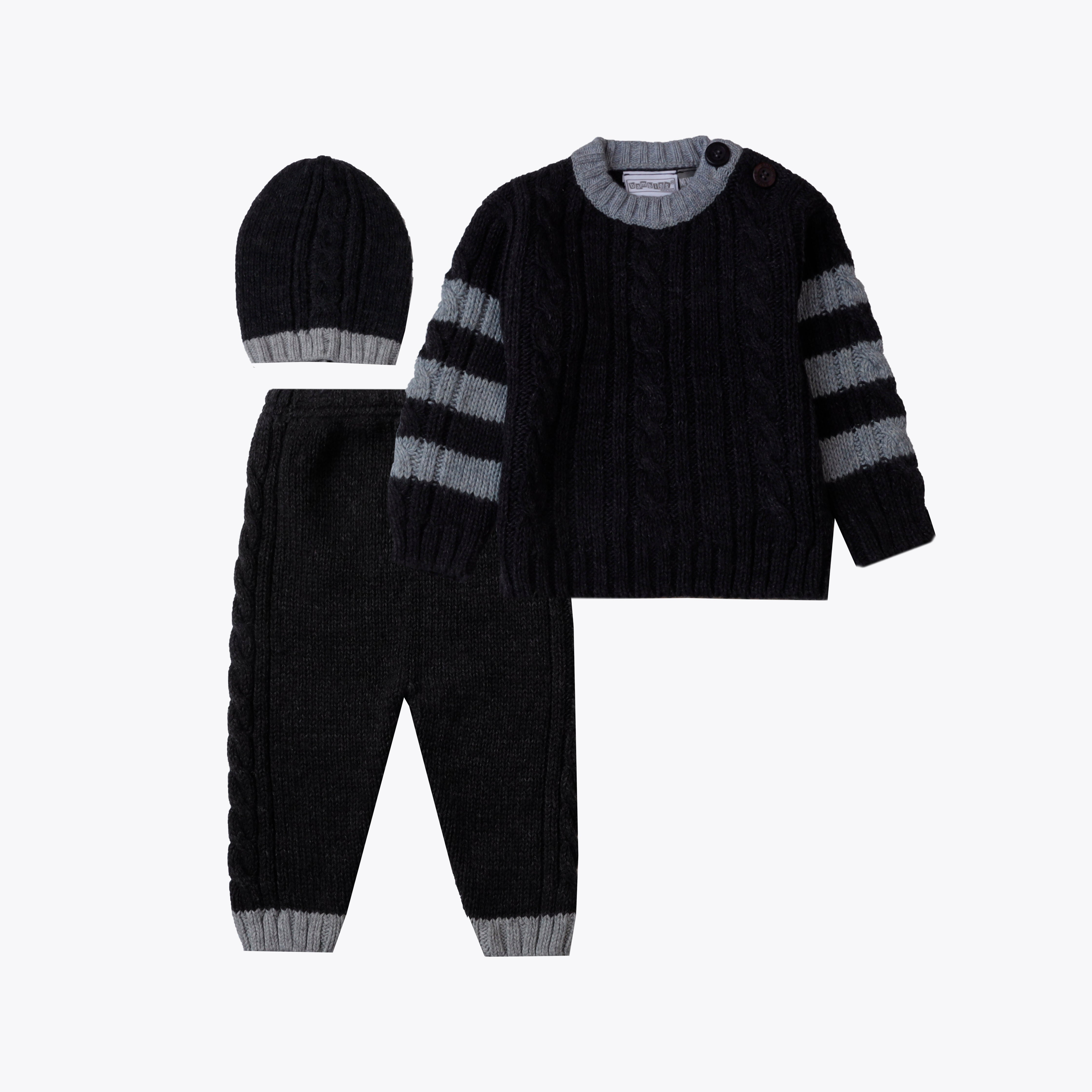 Sweater Woolen 3 Piece Charcoal Grey Stripes Infant