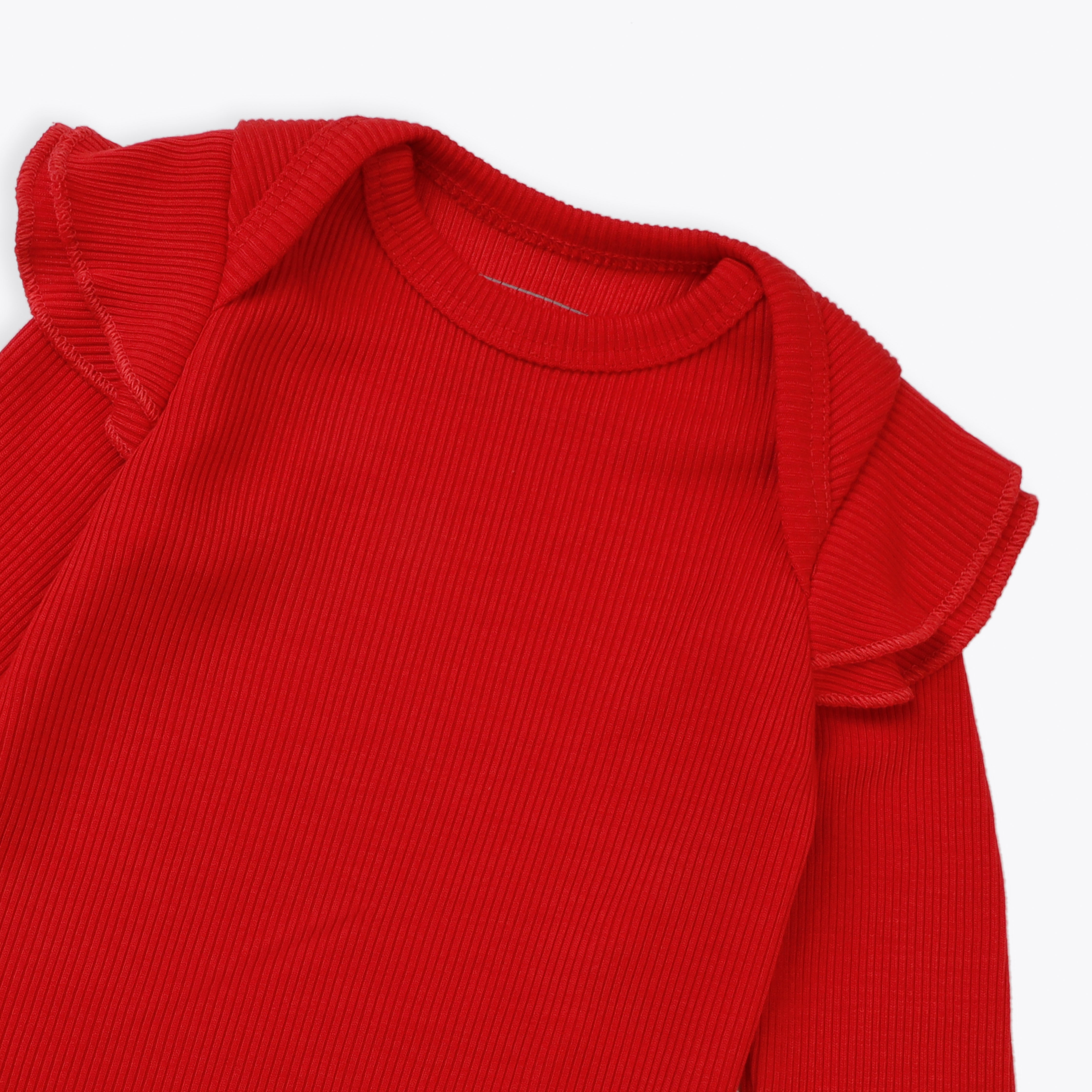 Red Ribbed Bodysuit with Frill Sleeves