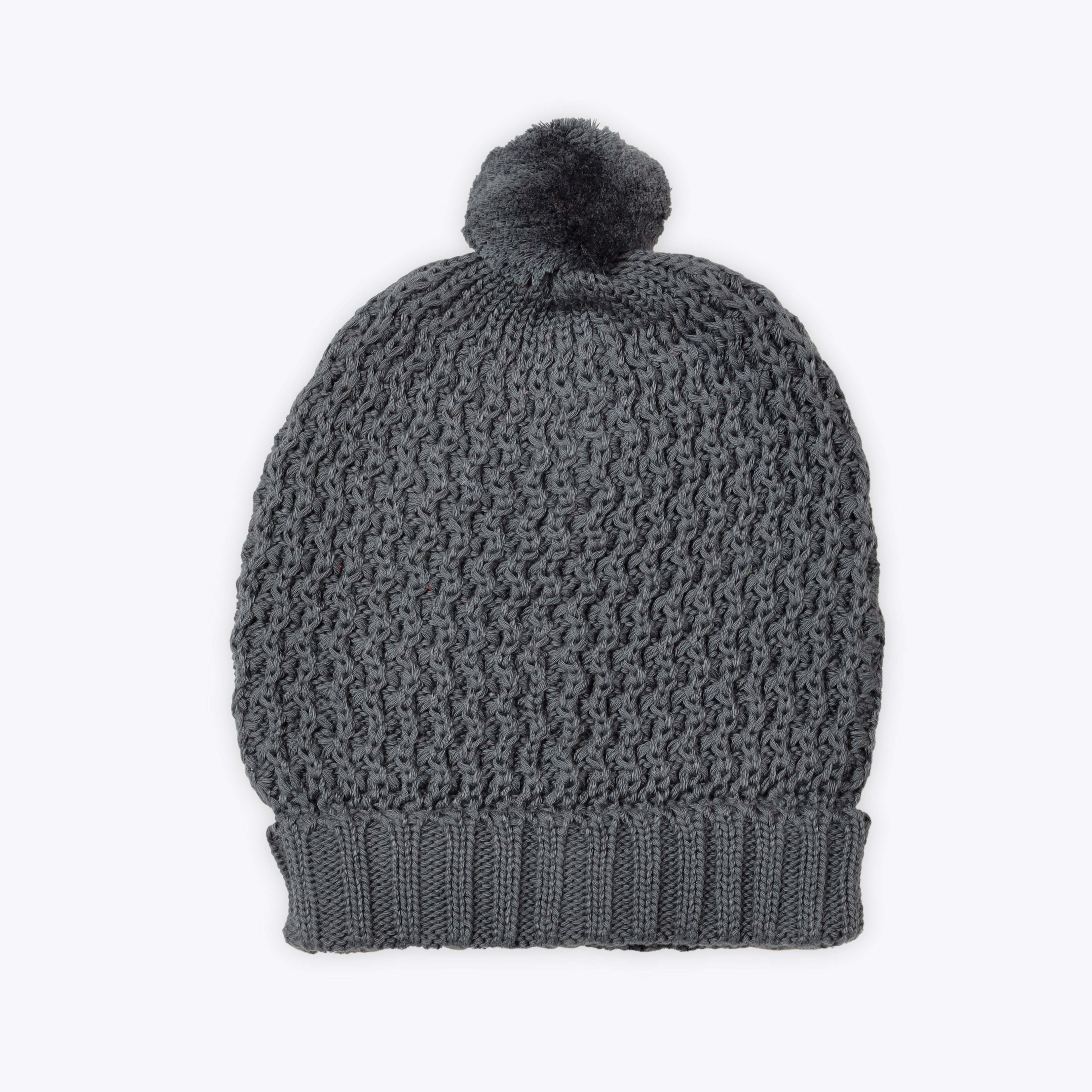 Caps Woolen Solid Grey with Stripes