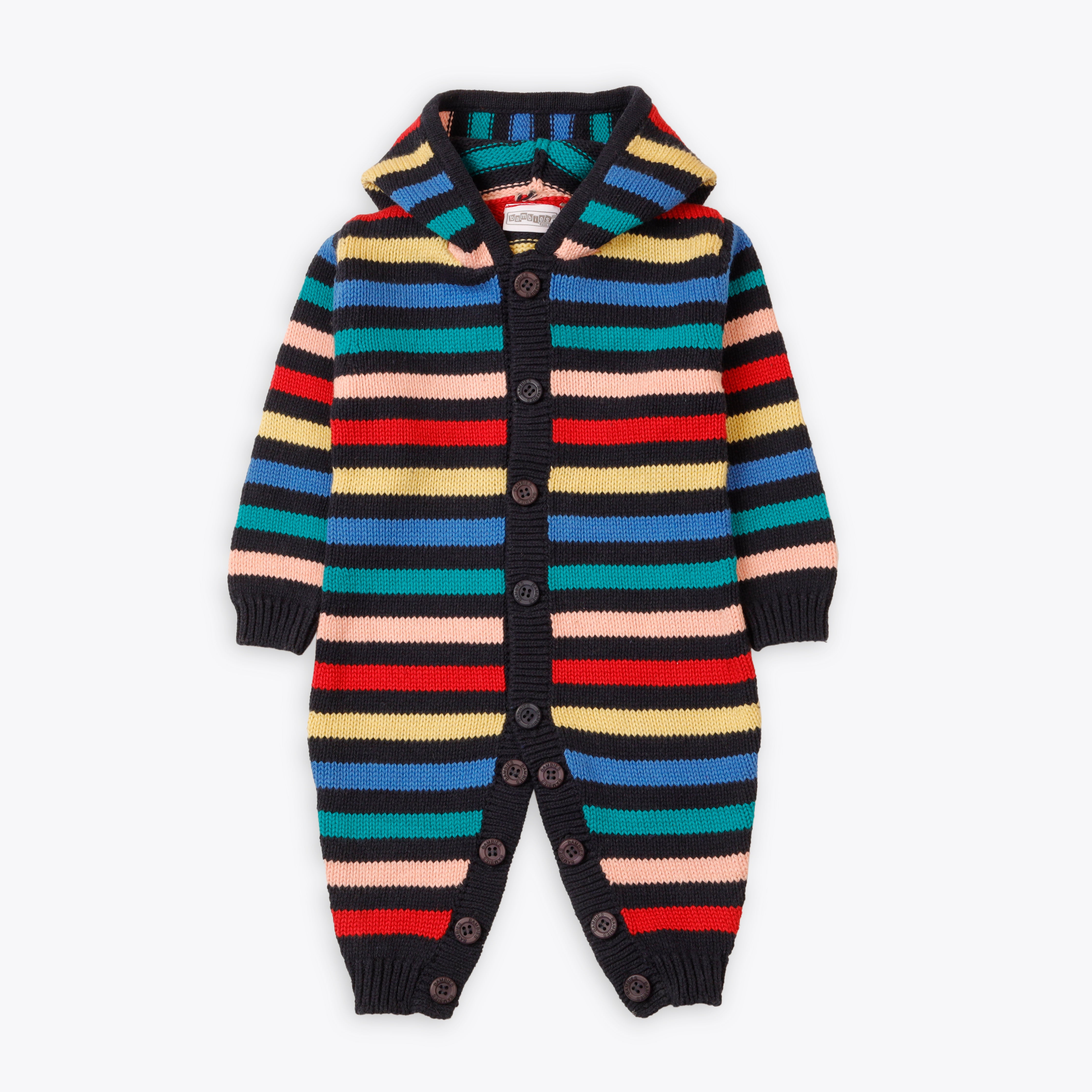 Romper Hooded Black Multi Stripes Infant