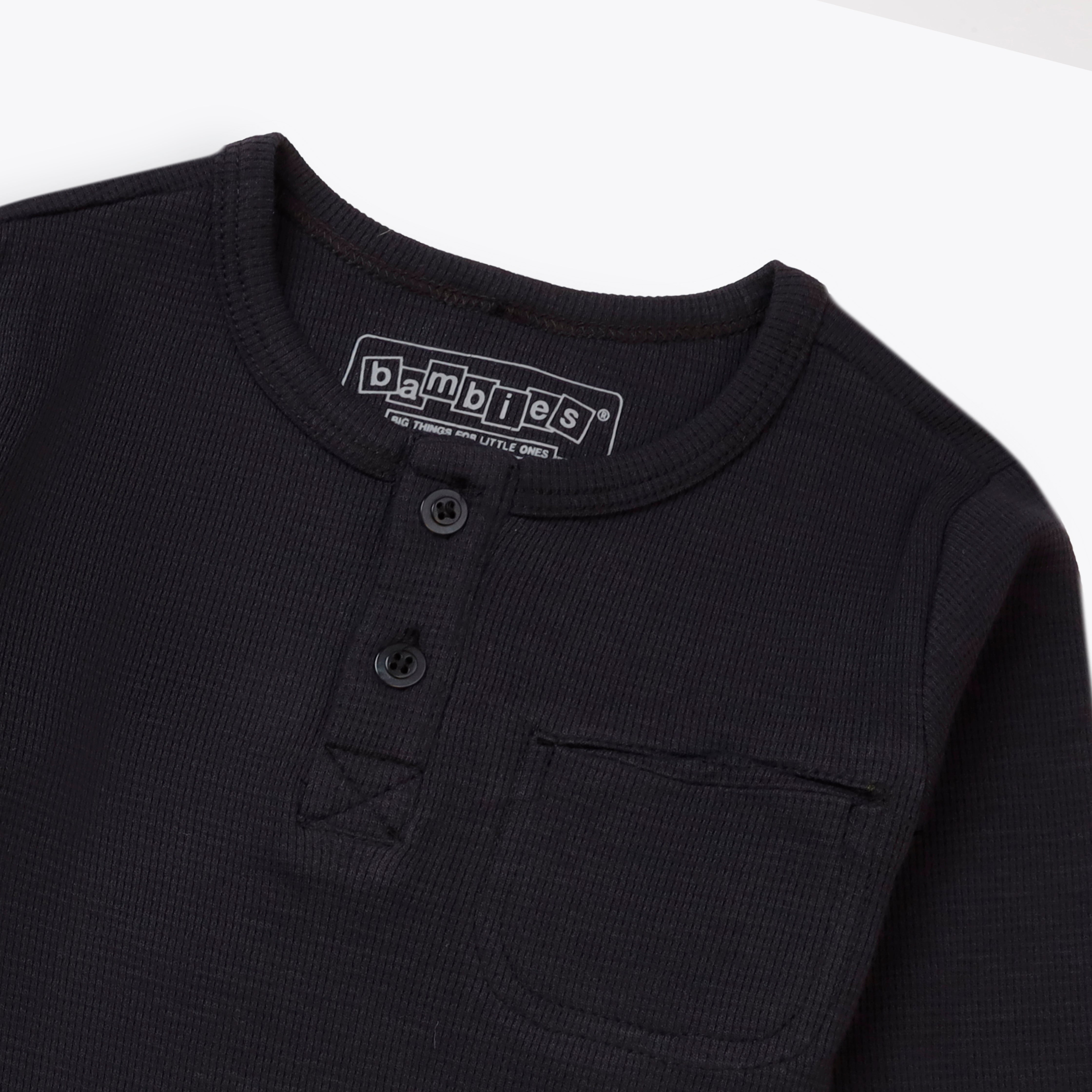 Black Henley Top with Button Detail
