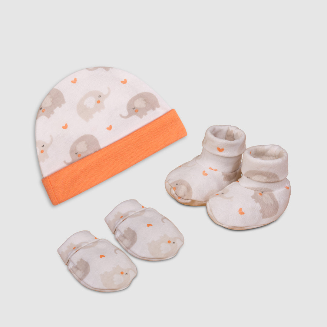 Cap, Mitten & Bootie Set Peach Elephant