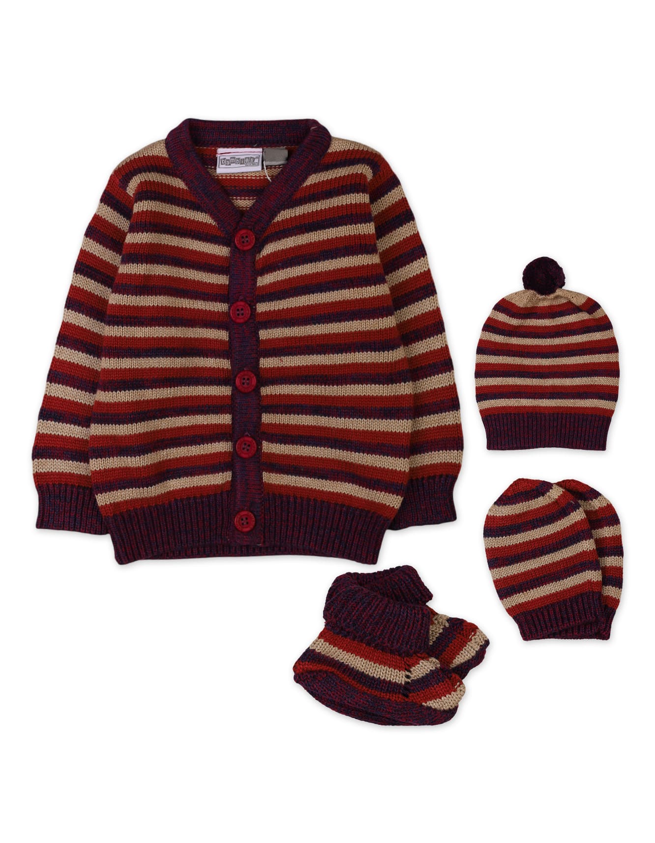 Newborn Baby 4 Pieces Winter Clothing Sets Bambies Striped Maroon at Zubaidas